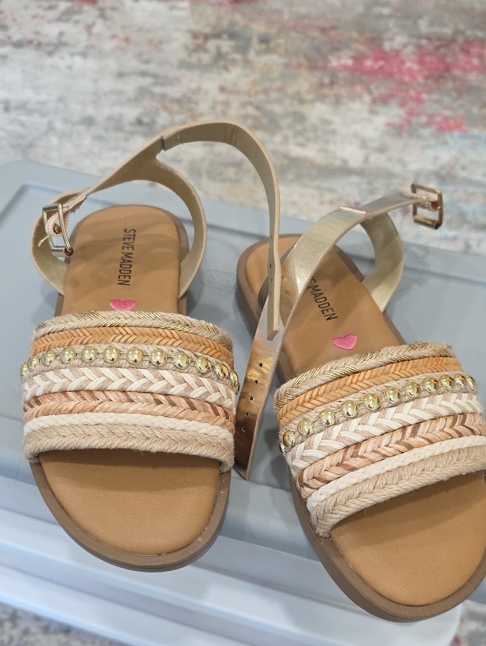 Steve Madden Neutral Braided Espadrille Sandals with Gold Beads